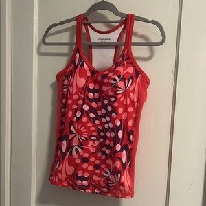 Brooks Women's Red and Pink Floral Patterned Tank with Bra M